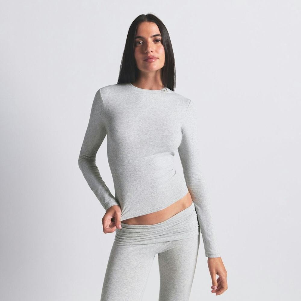 SKIMS COTTON JERSEY Long Sleeve T-Shirt - Light Heather Grey Size S NWT #1552